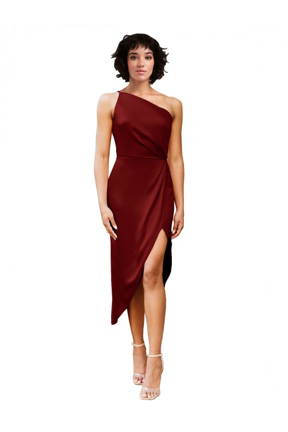 Best One Shoulder Midi Length Short Stretch Satin Wrap Style Cocktail Prom Dress / Homecoming Dress
