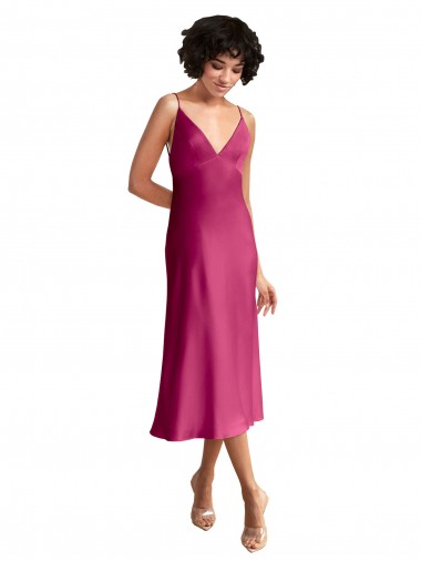 Best Midi Length V-Neck Short Stretch Satin Cocktail Prom Dress / Homecoming Dress with Low Scoop Back