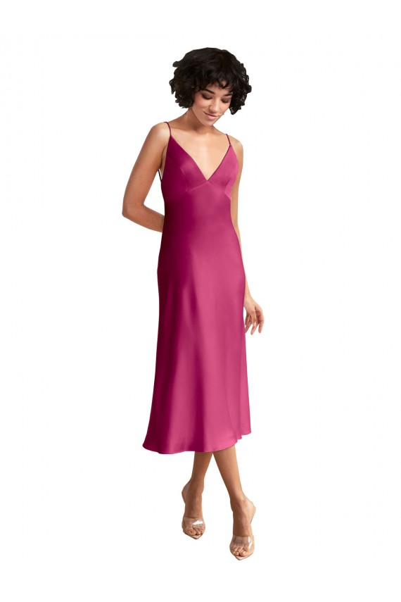Best Midi Length V-Neck Short Stretch Satin Cocktail Prom Dress / Homecoming Dress with Low Scoop Back