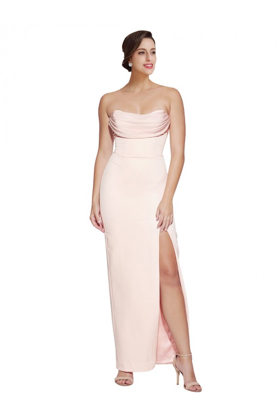 Best Cowl Neck Strapless Stretch Satin Prom Dress with High Split