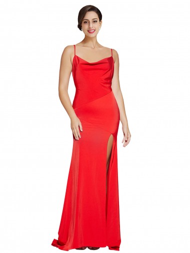 Best Low Back Cowl Neck Stretch Satin Prom Dress with High Side Slit