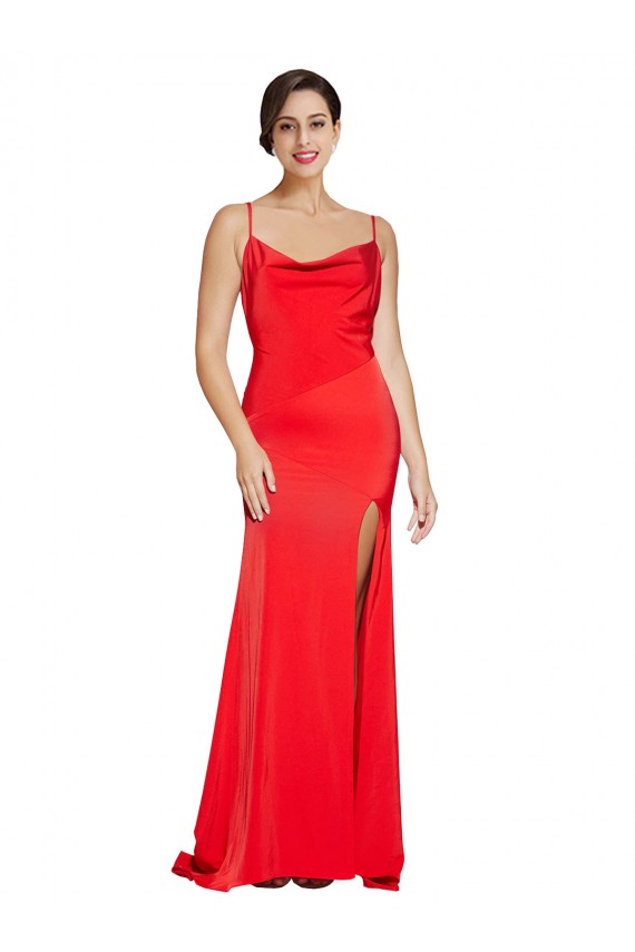 Best Low Back Cowl Neck Stretch Satin Prom Dress with High Side Slit