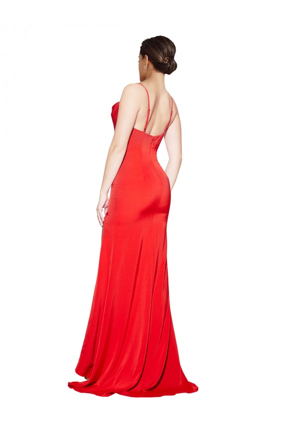 Best Low Back Cowl Neck Stretch Satin Prom Dress with High Side Slit