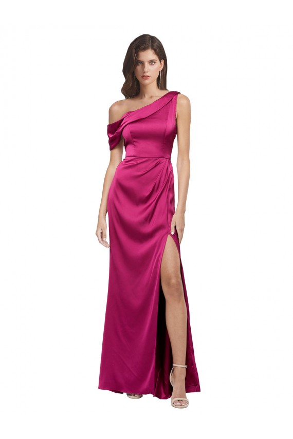 Best Off the Shoulder Short Sleeves Stretch Satin Prom Dress with Side Slit