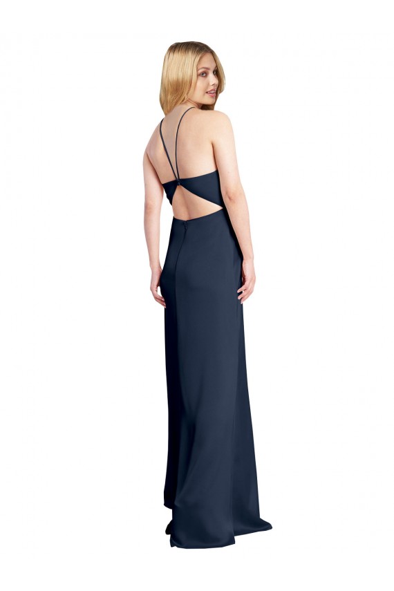Best Halter Neckline Long Stretch Satin Prom Dress with Strappy Back and Side Slit