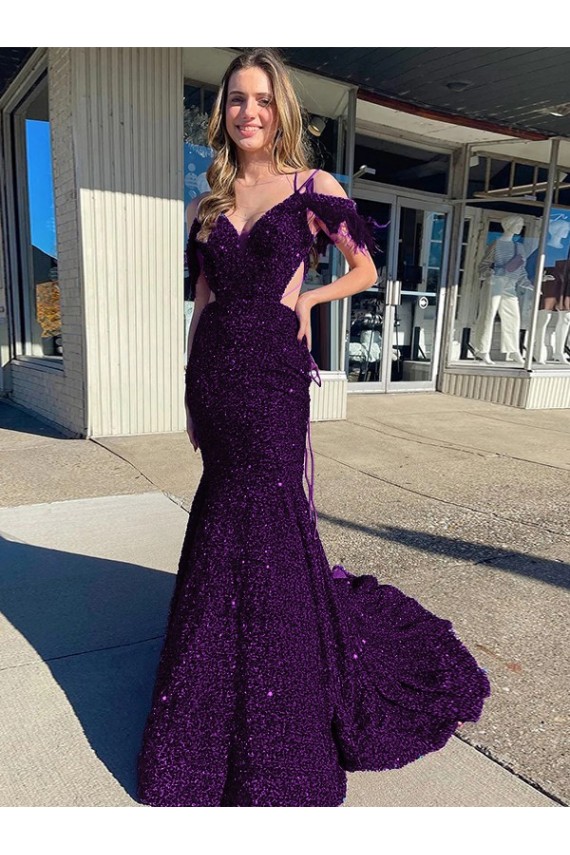Best Cold Shoulder Sleeveless Long Court Train Velvet Sequin Prom Dress