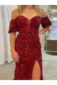 Best Off the Shoulder Short Sleeves Long Floor Length Velvet Sequin Prom Dress with High Slit