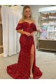 Best Off the Shoulder Short Sleeves Long Floor Length Velvet Sequin Prom Dress with High Slit