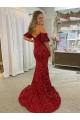 Best Off the Shoulder Short Sleeves Long Floor Length Velvet Sequin Prom Dress with High Slit