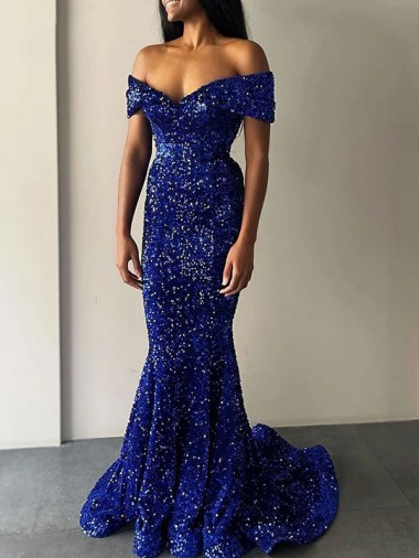 Best Mermaid Off the Shoulder Sleeveless Long Sweep Train Velvet Sequin Prom Dress