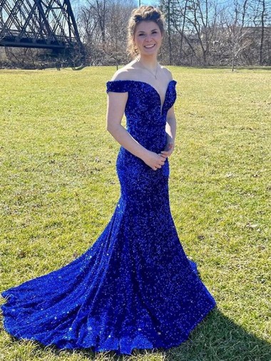 Best Off the Shoulder Sleeveless Long Sweep Train Velvet Sequin Prom Dress