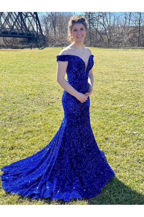 Best Off the Shoulder Sleeveless Long Sweep Train Velvet Sequin Prom Dress