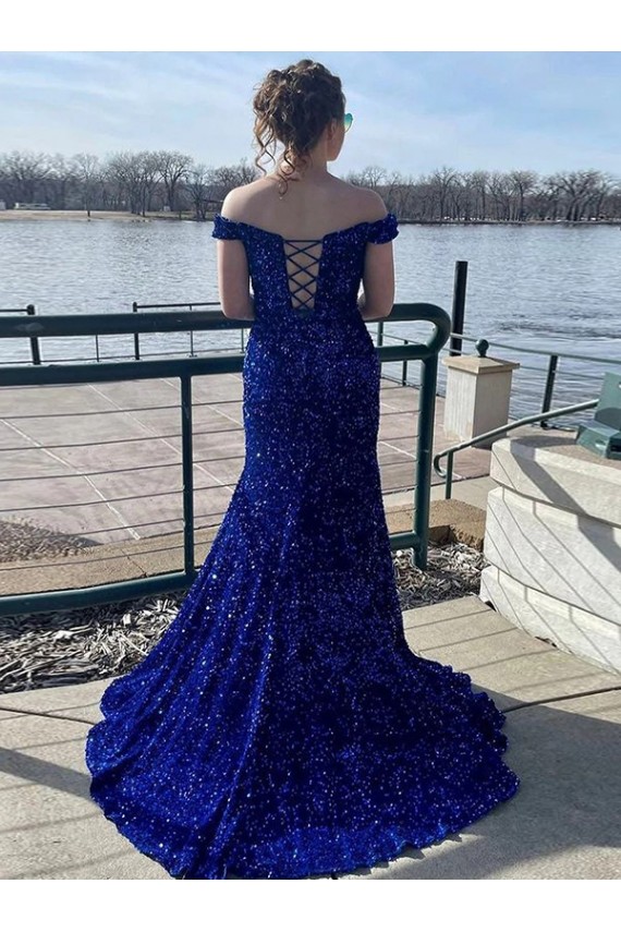 Best Off the Shoulder Sleeveless Long Sweep Train Velvet Sequin Prom Dress