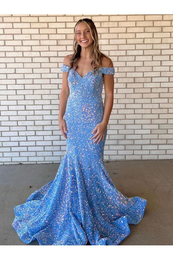 Best Mermaid Off the Shoulder Sleeveless Long Floor Length Velvet Sequin Prom Dress