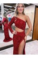 Best Mermaid One Shoulder Long Sleeves Long Sweep Train Velvet Sequin Prom Dress with High Slit