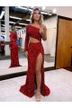 Best Mermaid One Shoulder Long Sleeves Long Sweep Train Velvet Sequin Prom Dress with High Slit