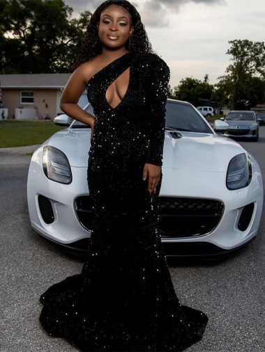 Best One Shoulder Long Sleeves Long Sweep Train Velvet Sequin Prom Dress