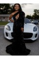 Best One Shoulder Long Sleeves Long Sweep Train Velvet Sequin Prom Dress