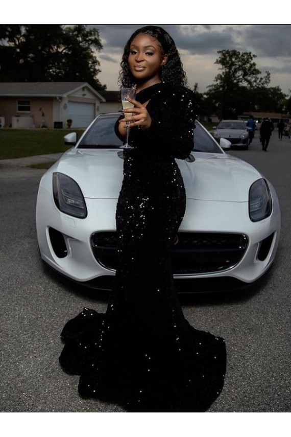 Best One Shoulder Long Sleeves Long Sweep Train Velvet Sequin Prom Dress