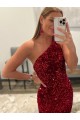 Best Open Back One Shoulder Sleeveless Long Sweep Train Velvet Sequin Prom Dress