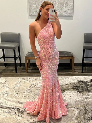 Best Open Back One Shoulder Sleeveless Long Sweep Train Velvet Sequin Prom Dress