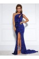 Best Mermaid One Shoulder Sleeveless Long Court Train Velvet Sequin Prom Dress with Slit