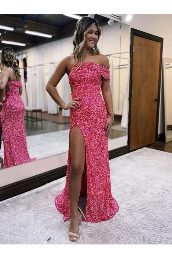 Best One Shoulder Sleeveless Long Sweep Train Velvet Sequin Prom Dress with Side Slit