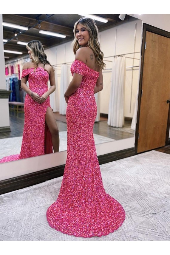 Best One Shoulder Sleeveless Long Sweep Train Velvet Sequin Prom Dress with Side Slit