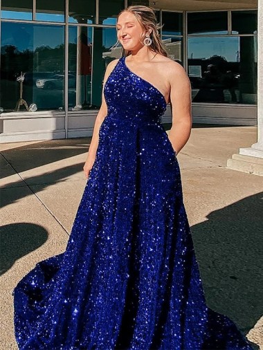 Best A-Line One Shoulder Sleeveless Long Sweep Train Velvet Sequin Prom Dress with Pockets