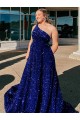 Best A-Line One Shoulder Sleeveless Long Sweep Train Velvet Sequin Prom Dress with Pockets