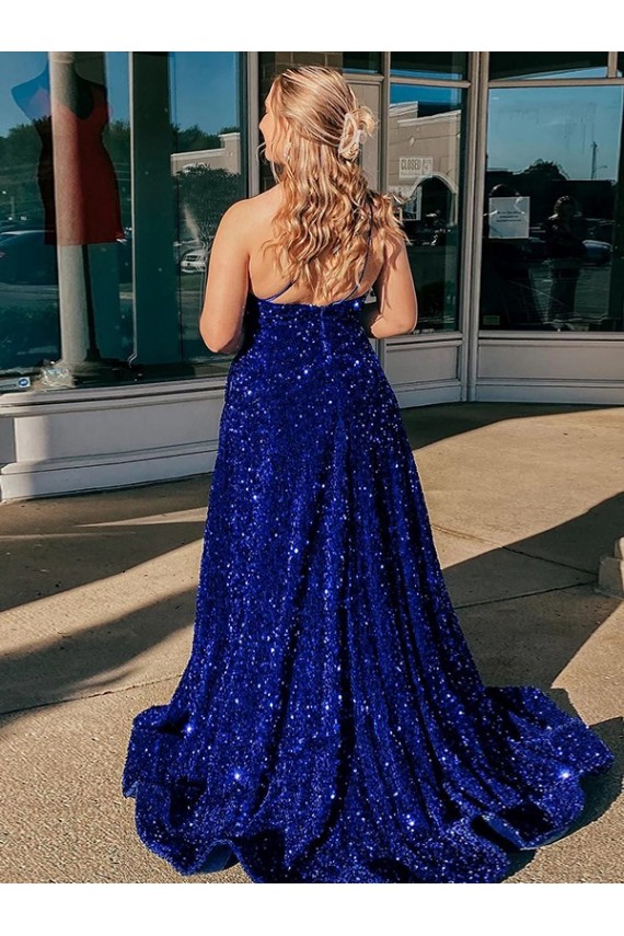 Best A-Line One Shoulder Sleeveless Long Sweep Train Velvet Sequin Prom Dress with Pockets