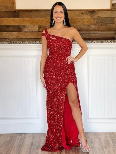 Best One Shoulder Sleeveless Long Sweep Train Velvet Sequin Prom Dress