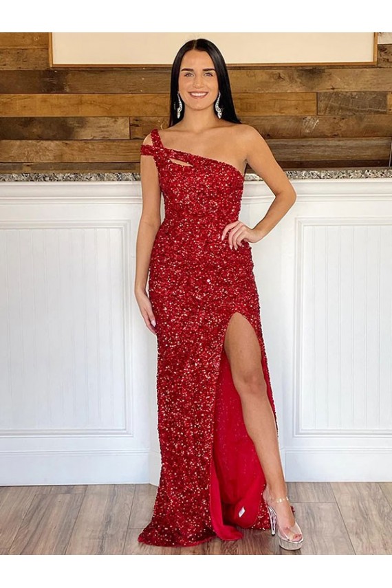 Best One Shoulder Sleeveless Long Sweep Train Velvet Sequin Prom Dress