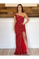 Best One Shoulder Sleeveless Long Sweep Train Velvet Sequin Prom Dress
