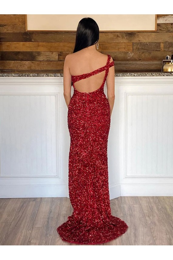 Best One Shoulder Sleeveless Long Sweep Train Velvet Sequin Prom Dress