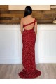Best One Shoulder Sleeveless Long Sweep Train Velvet Sequin Prom Dress