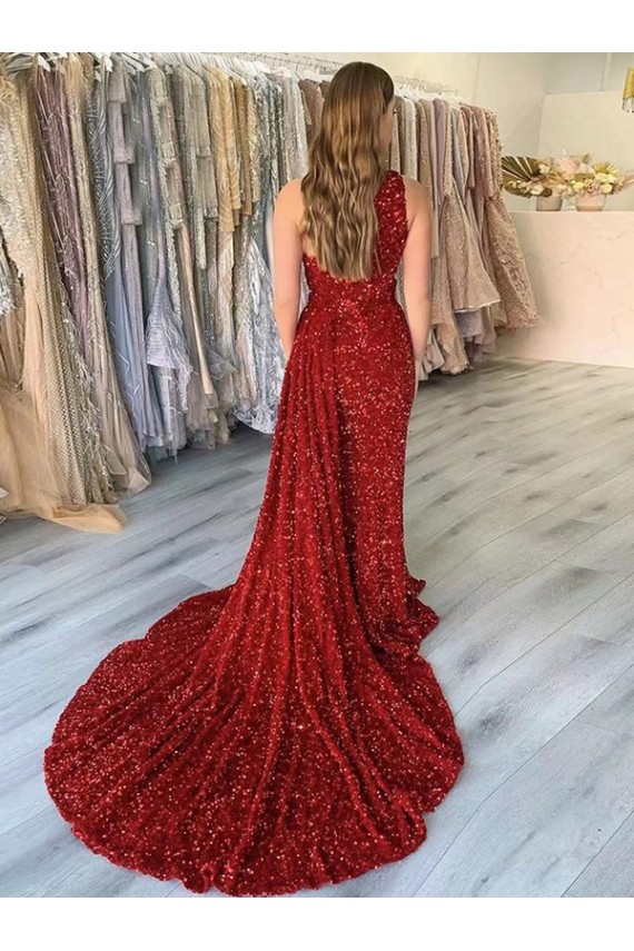Best One Shoulder Sleeveless Long Court Train Velvet Sequin Prom Dress with Slit