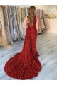 Best One Shoulder Sleeveless Long Court Train Velvet Sequin Prom Dress with Slit