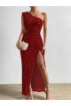 Best One Shoulder Sleeveless Long Floor Length Velvet Sequin Prom Dress with Slit