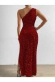 Best One Shoulder Sleeveless Long Floor Length Velvet Sequin Prom Dress with Slit