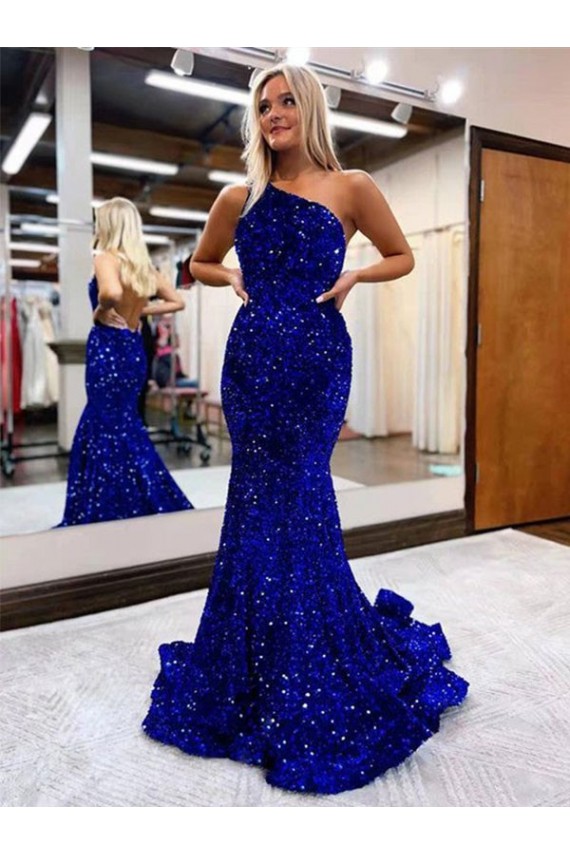 Best Mermaid One Shoulder Open Back Long Sweep Train Velvet Sequin Prom Dress