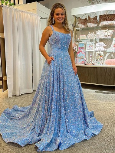 Best A-Line Scoop Sleeveless Long Court Train Velvet Sequin Prom Dress