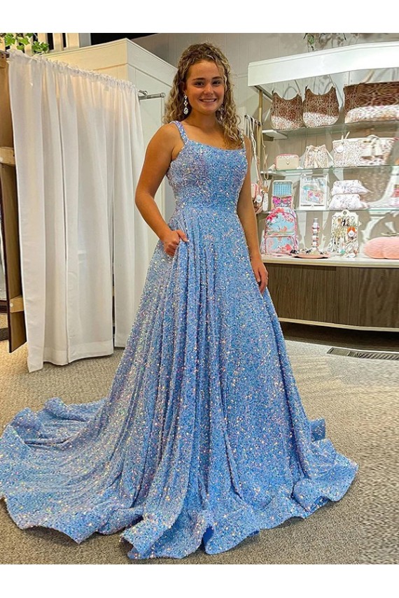 Best A-Line Scoop Sleeveless Long Court Train Velvet Sequin Prom Dress