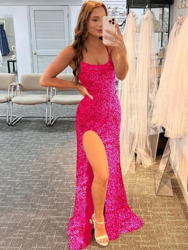 Best Spaghetti Straps Sleeveless Long Velvet Sequin Prom Dress with Slit and Criss Cross Open Back