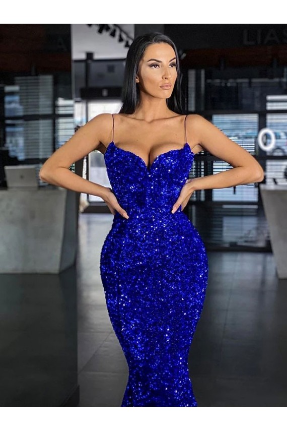 Best Mermaid Spaghetti Straps Sleeveless Long Sweep Train Velvet Sequin Prom Dress