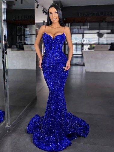 Best Mermaid Spaghetti Straps Sleeveless Long Sweep Train Velvet Sequin Prom Dress