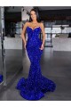 Best Mermaid Spaghetti Straps Sleeveless Long Sweep Train Velvet Sequin Prom Dress