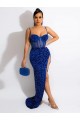Best Long Sweep Train Spaghetti Straps Sleeveless Velvet Sequin Prom Dress with Slit