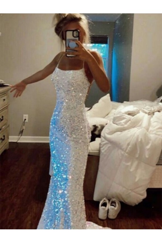 Best Long Spaghetti Straps Sleeveless Sweep Train Velvet Sequin Prom Dress