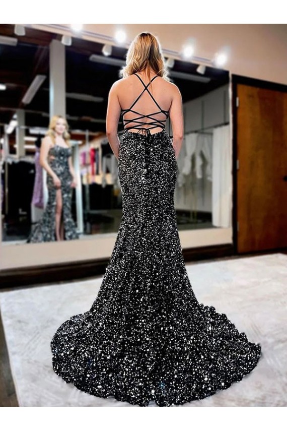 Best Spaghetti Straps Sleeveless Long Sweep Train Velvet Sequin Prom Dress